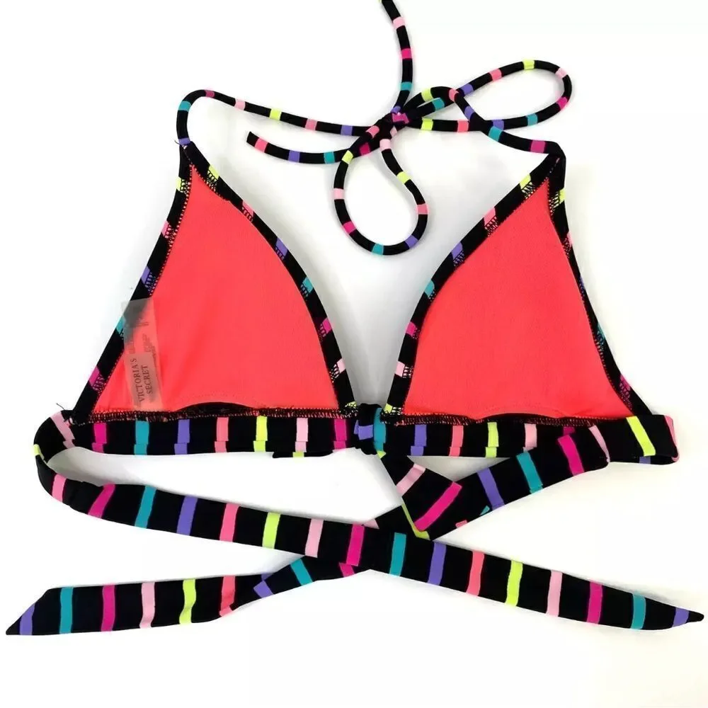 Victoria's Secret Women's Multi Color Black Stripe Halter Top Swimsuit - Medium